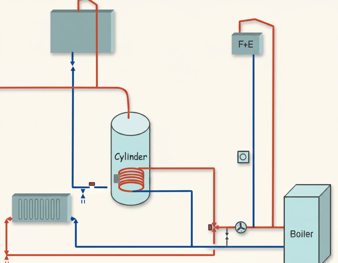 Schematic of an indirect double-feed hot water system showing the cold water storage cistern, F&E cistern, primary circuit and cylinder