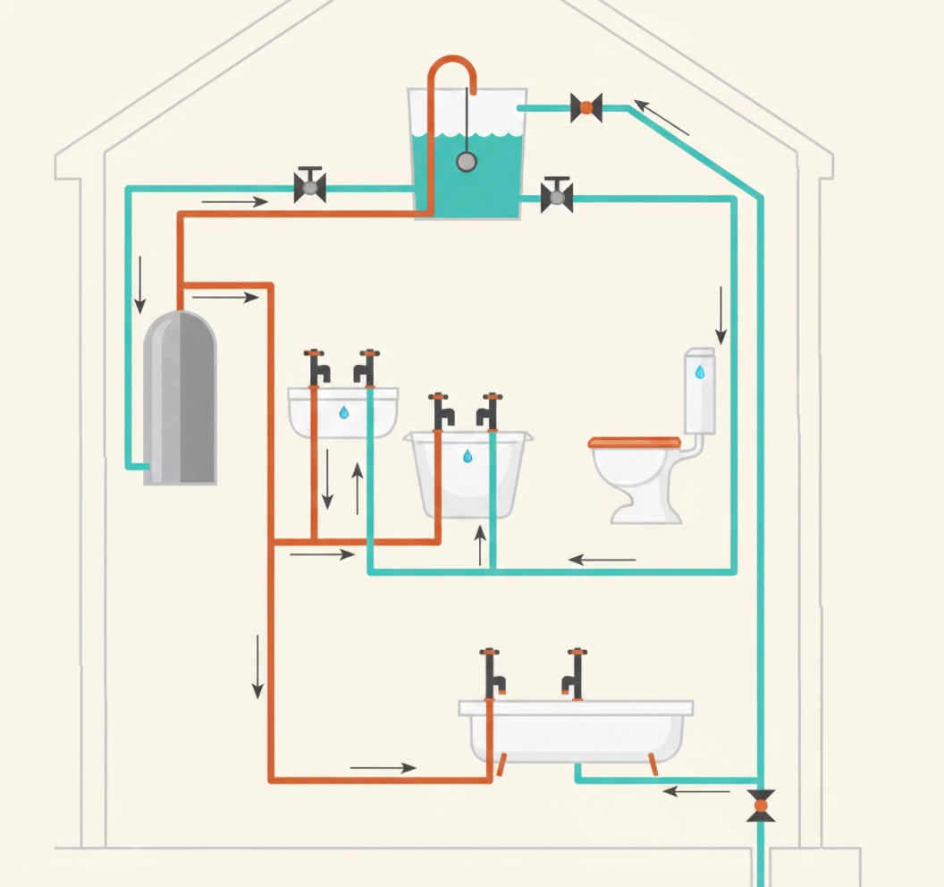Schematic of an indirect cold water system with a cold water storage cistern feeding all cold outlets except the kitchen sink