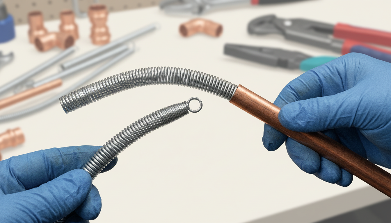 An internal bending spring inserted inside copper pipe to support the wall and prevent collapse during a hand-bend
