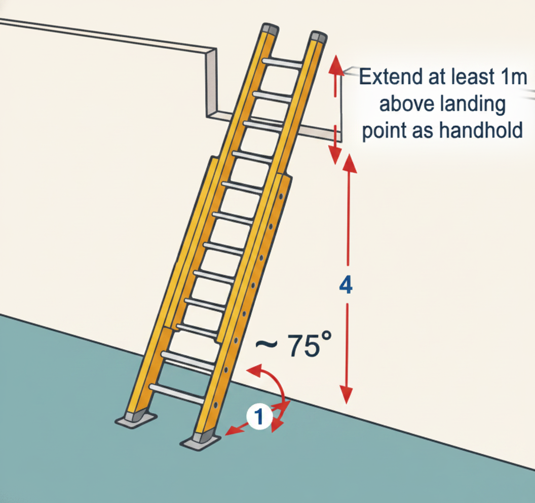 Ladder leaning against a wall at the correct 75-degree angle with the top extending past the working level