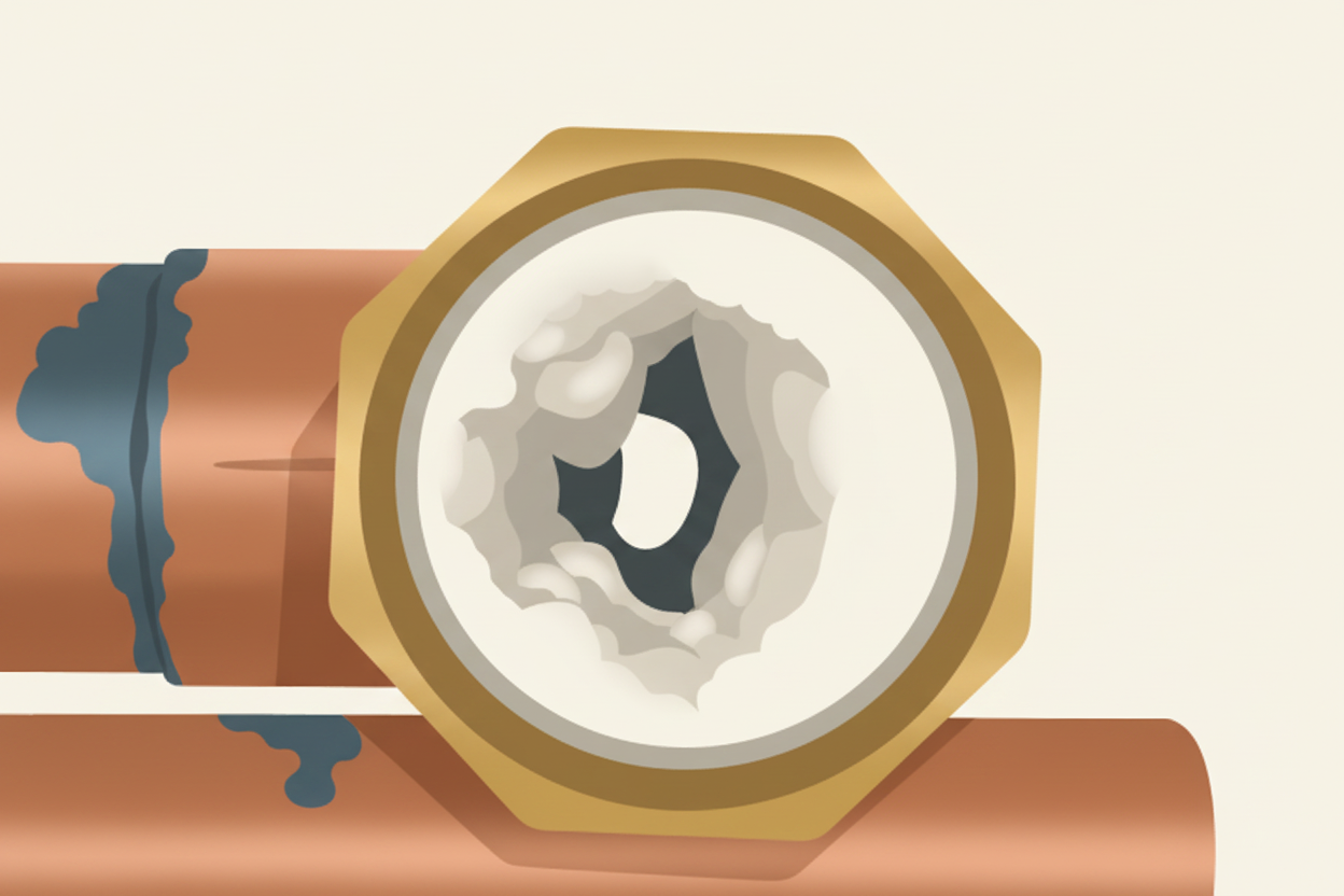 Photograph looking down the bore of a metal pipe almost completely blocked by limescale deposits