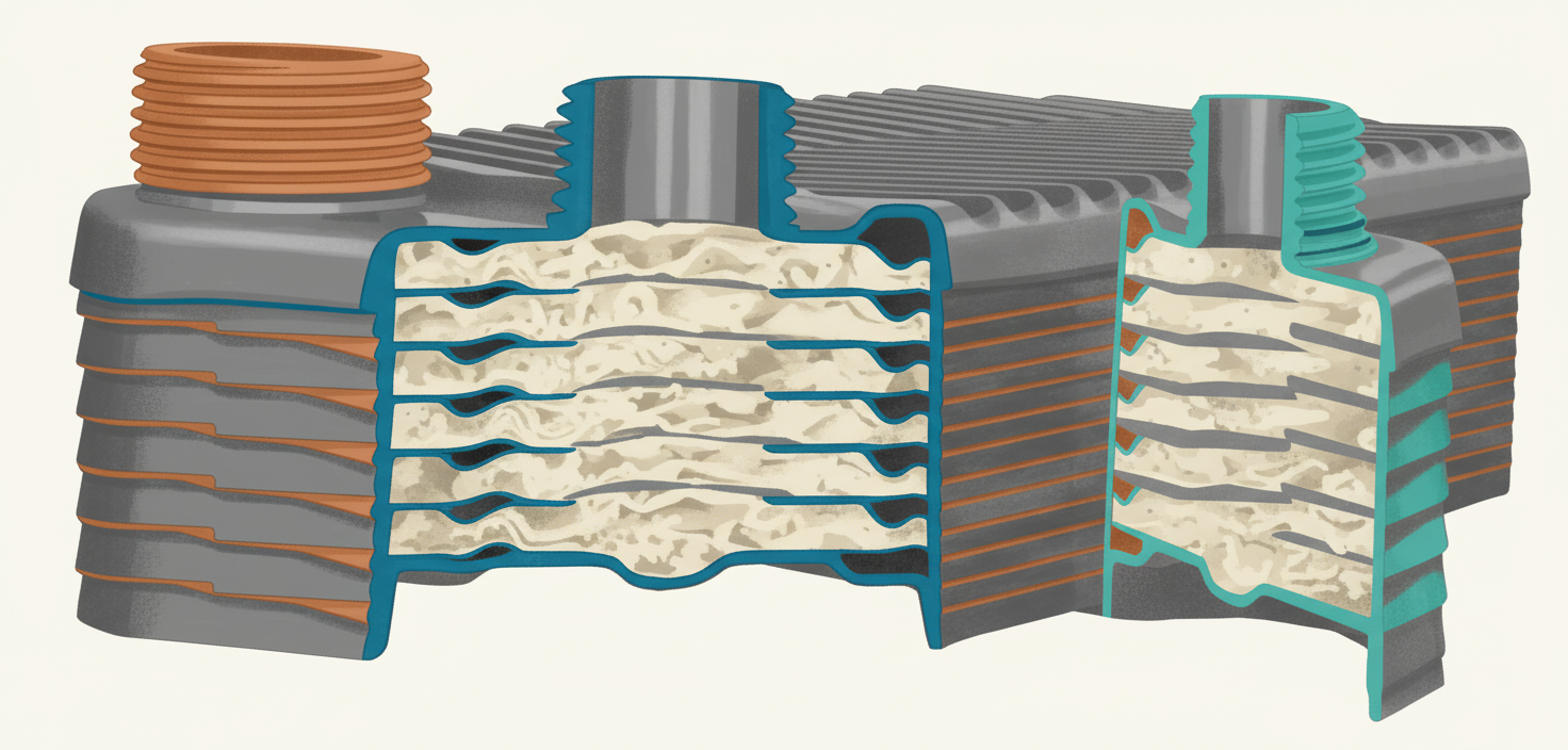 Cross-section of a plate heat exchanger showing thick white limescale build-up restricting flow and reducing heat transfer