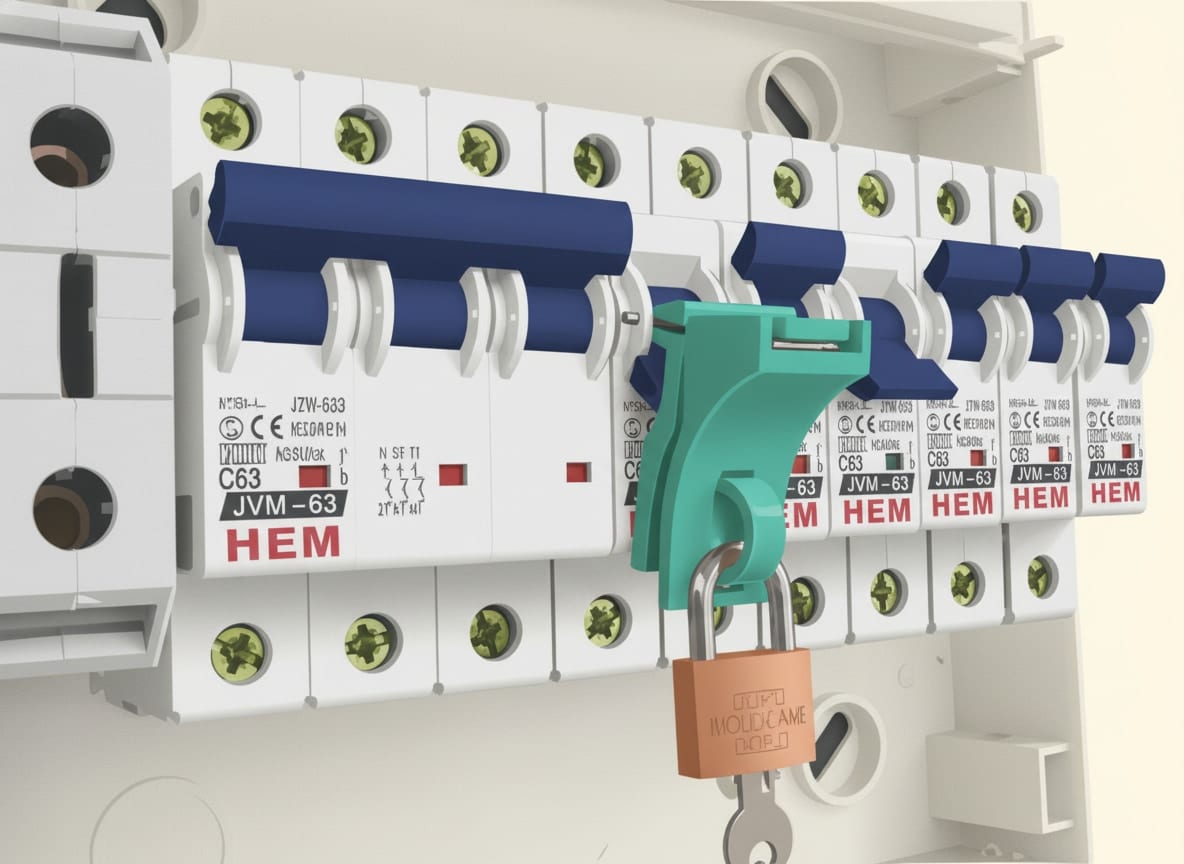 A lock off device fitted to a circuit breaker in a consumer unit