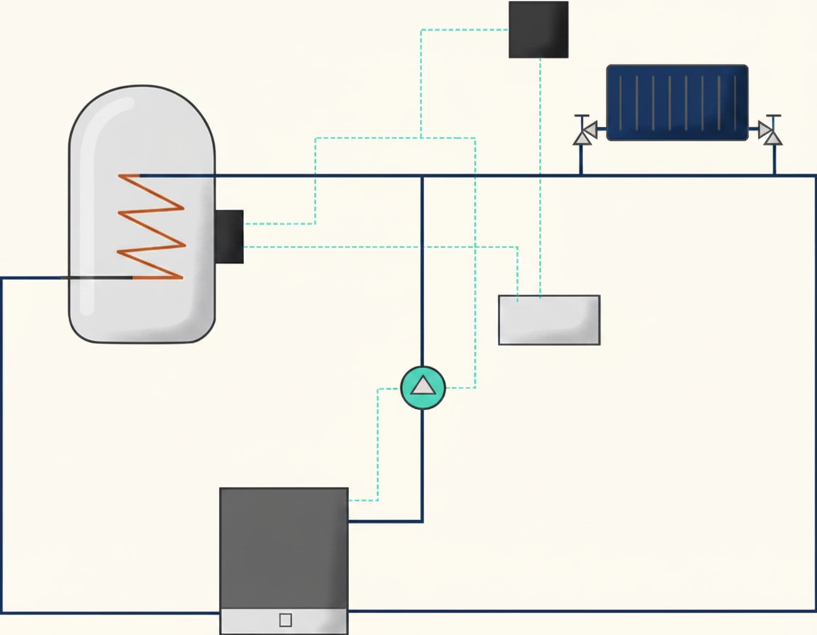 Fully pumped central heating system diagram with one motorised valve missing, used to test recognition of Y-plan and S-plan layouts