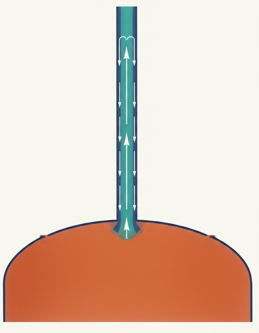 Hot water cylinder diagram showing one-pipe parasitic circulation, where hot water rises up the connection, cools, and falls back continuously — wasting heat from the stored hot water