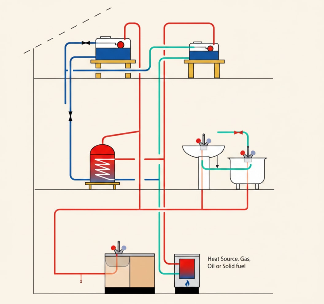 Open vented hot water and central heating system diagram with the minimum pipe sizes and vent rise dimensions labelled