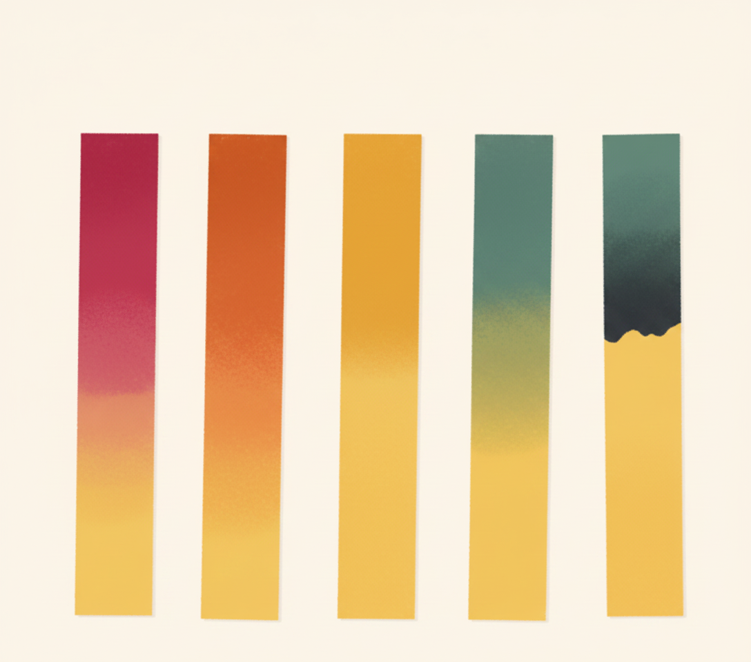 Universal indicator paper strips showing colour reactions across the pH scale, used to test water acidity and hardness