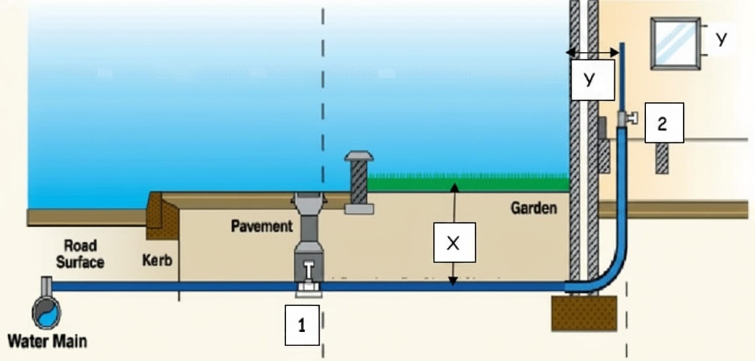 Diagram showing the required depth of cover on a buried service pipe