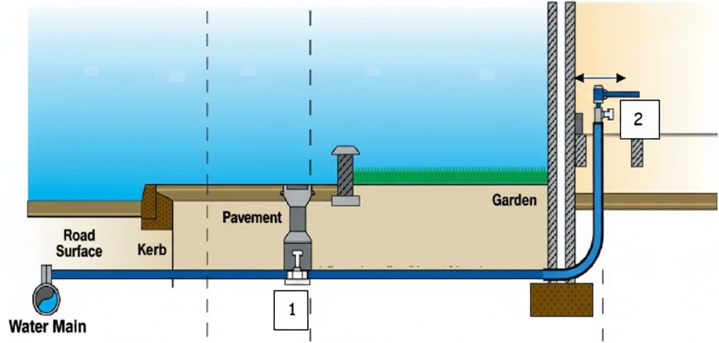 Underground supply pipe depth diagram showing the 750mm minimum and 1350mm maximum burial depths required to protect from frost and surface loads