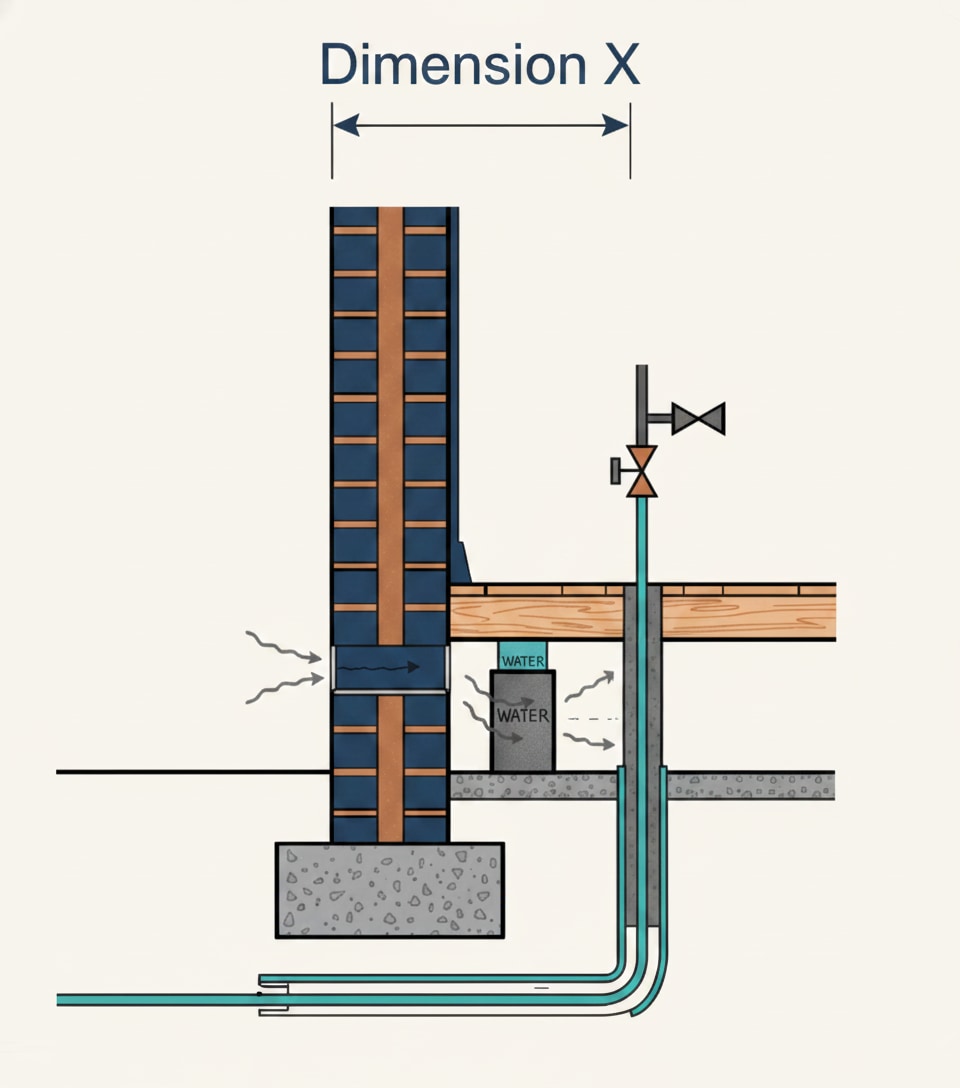 Insulated cold water service pipe entering the property through a suspended floor, showing the duct and insulation arrangement