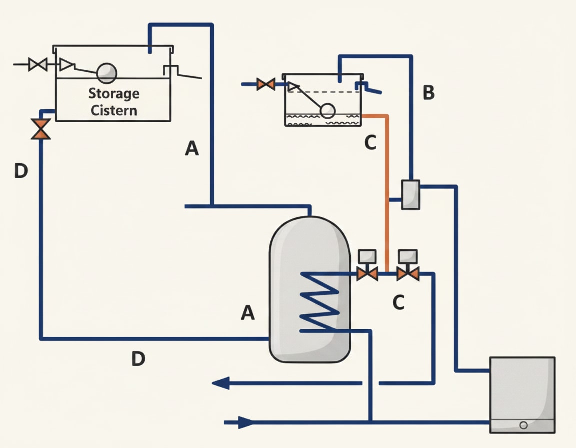 Open vented hot water system diagram with the four key pipes labelled A to D — the secondary cold feed, secondary open vent, primary cold feed and primary open vent