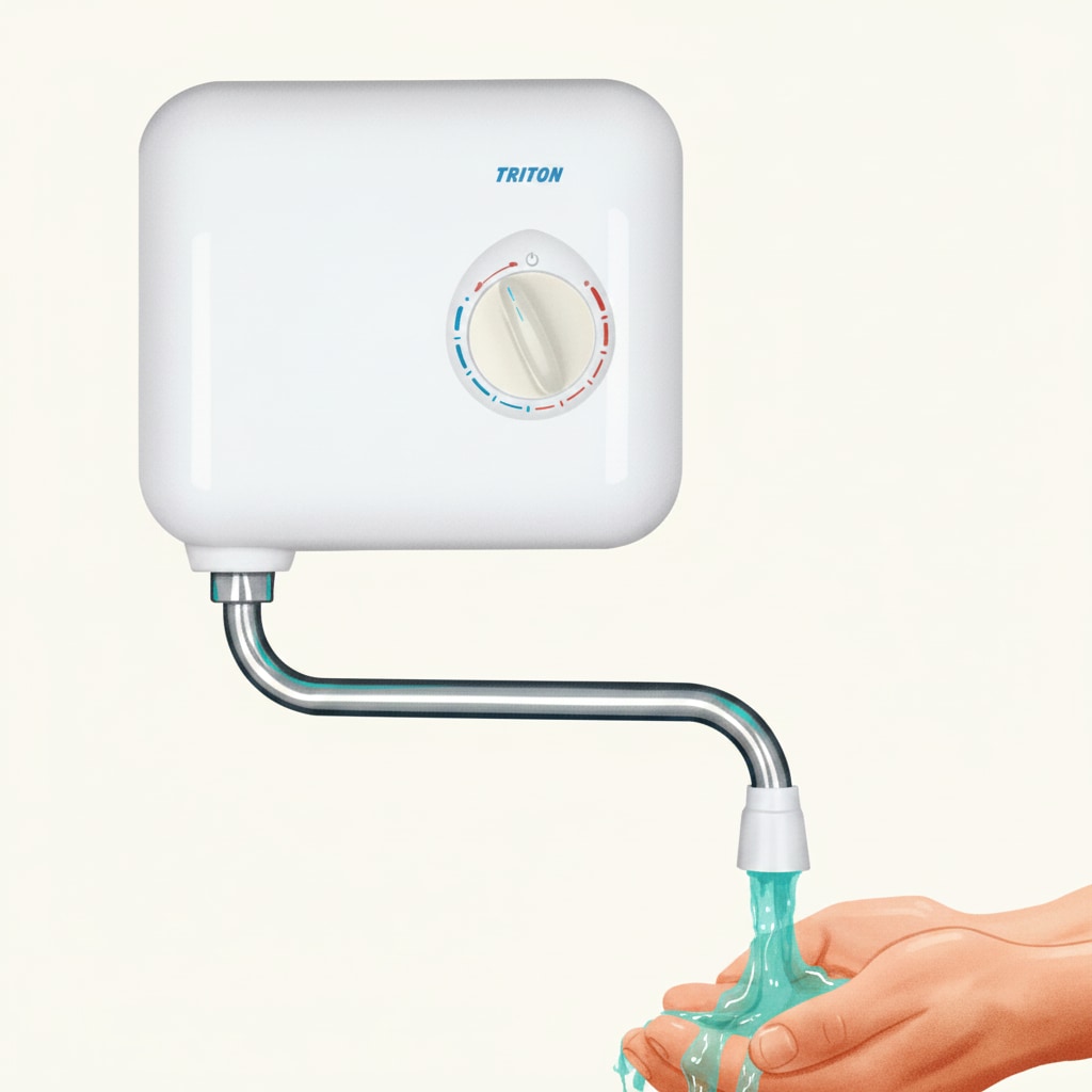 A wall-mounted instantaneous electric water heater with swan-neck spout — a localised heater serving a single outlet without storing hot water