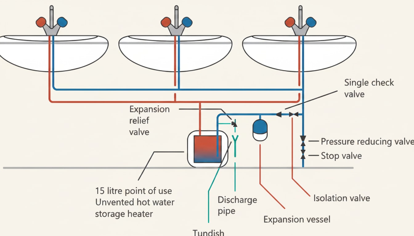 Schematic of a point-of-use unvented hot water storage heater feeding a single outlet, illustrating a smaller-scale unvented installation