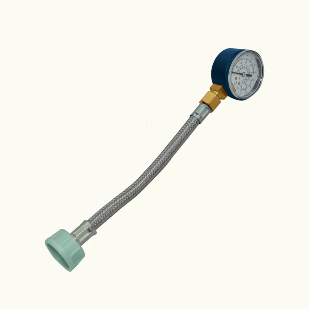 A pressure gauge on a braided hose, connected to an outlet during performance commissioning to measure the water pressure