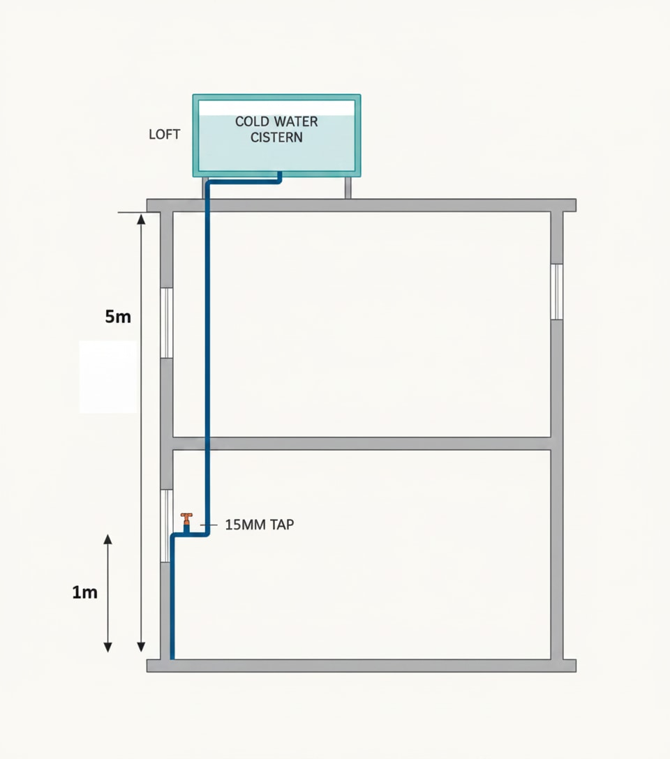 Cold water cistern feeding a 15mm tap with the head height labelled, used to calculate the pressure at the tap inlet
