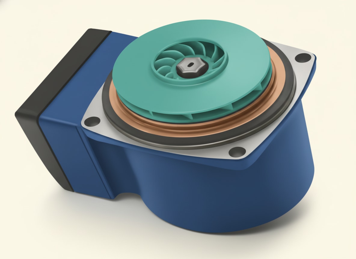 Cutaway view of a central heating circulating pump exposing the green impeller driven by the electric motor