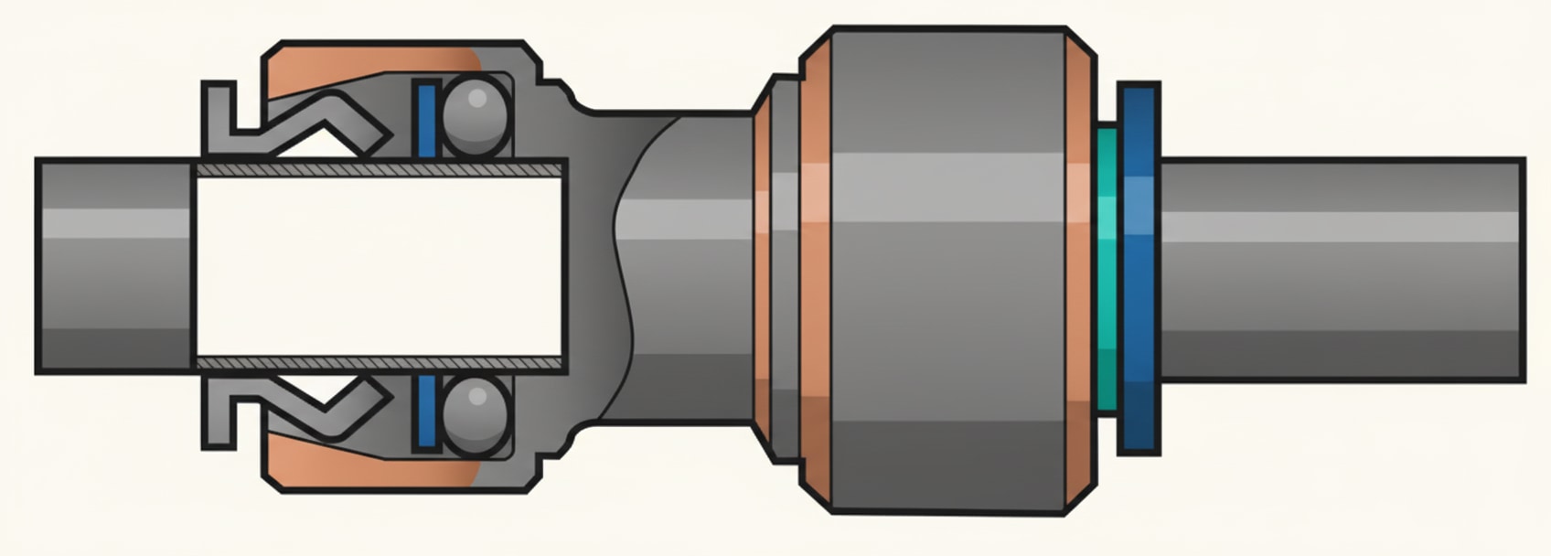 A push-fit coupler typical of plastic plumbing systems, showing the gripper and O-ring inside the body