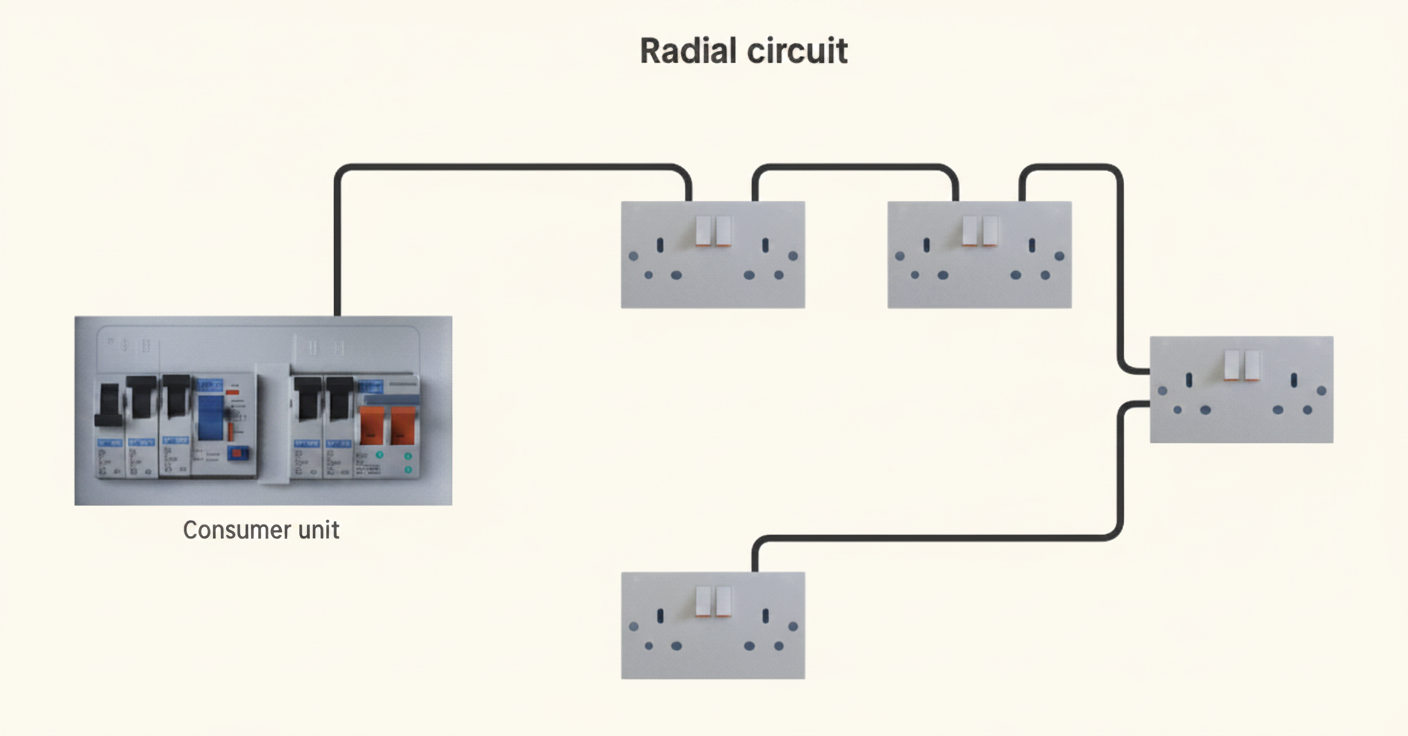 Radial circuit diagram showing a consumer unit feeding a series of sockets in a single line, ending at the last outlet