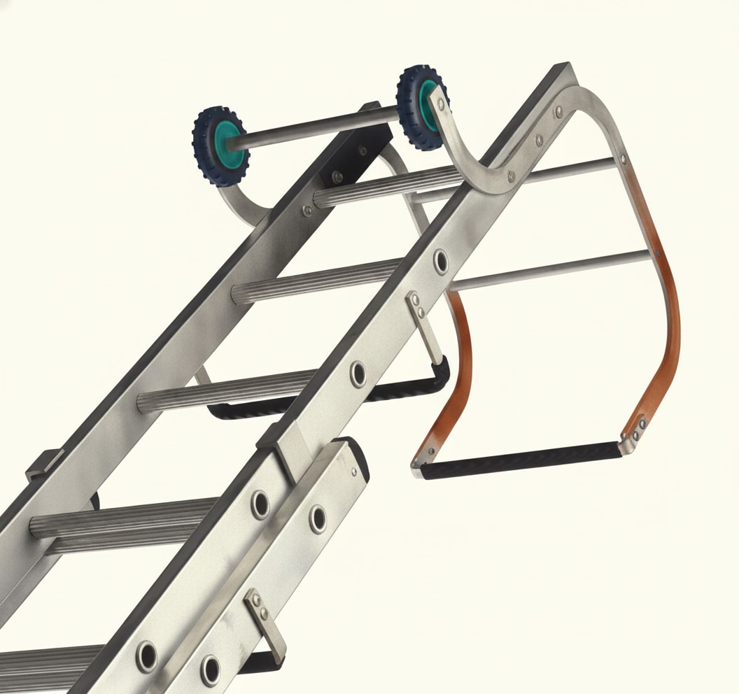A roof ladder with rollers and a ridge hook used for working safely on pitched roofs
