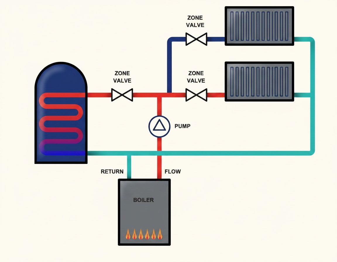 S-plan plus system diagram showing multiple two-port valves serving zoned heating circuits