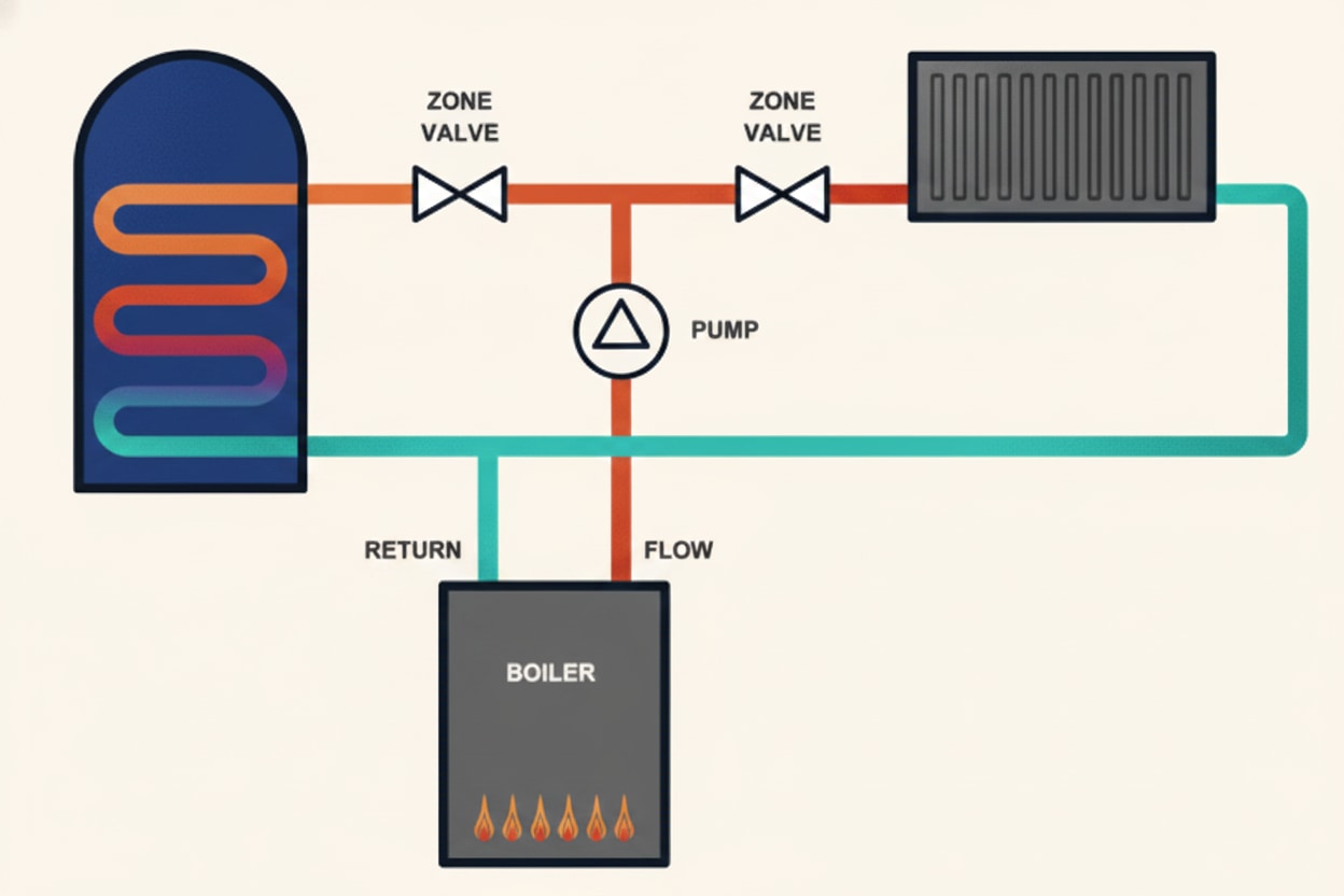 S-plan central heating system diagram with two two-port motorised valves controlling separate heating and hot water circuits