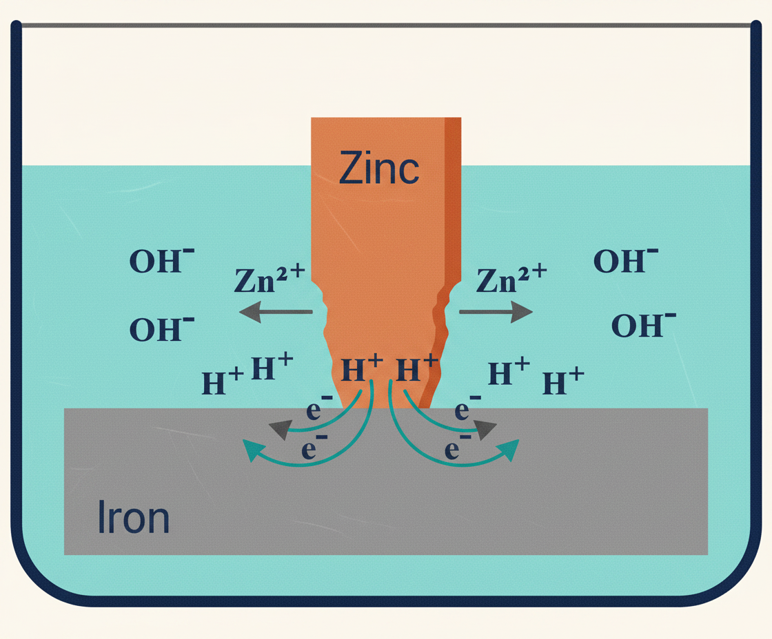 Diagram of a zinc sacrificial anode connected to an iron component, protecting the iron by corroding preferentially in the electrolyte