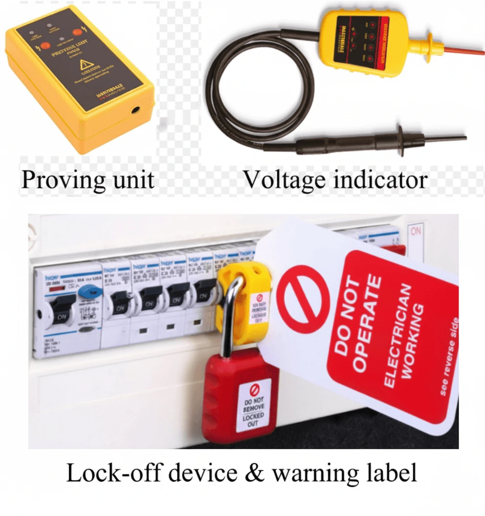 The three pieces of kit needed for safe isolation: a proving unit, an approved voltage indicator, and a lock-off device fitted with a 'Do not operate — electrician working' warning label