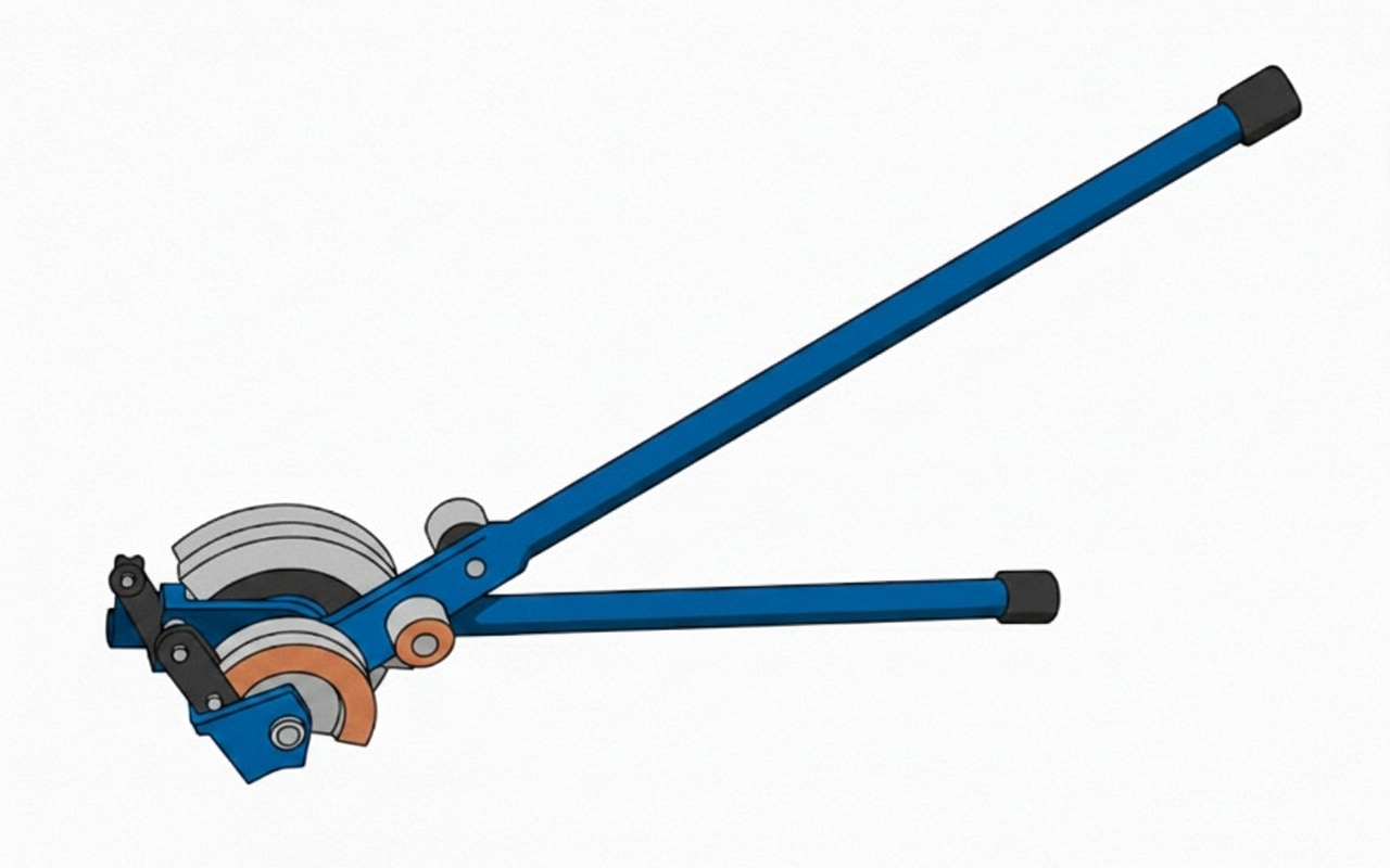 A scissor bending machine with two long handles used for hand-bending small-diameter copper