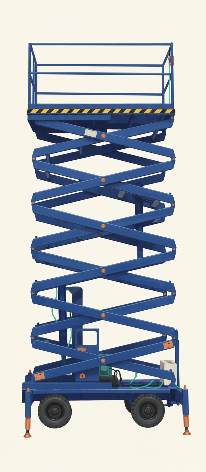 Mobile scissor lift with the platform raised on extending criss-cross supports