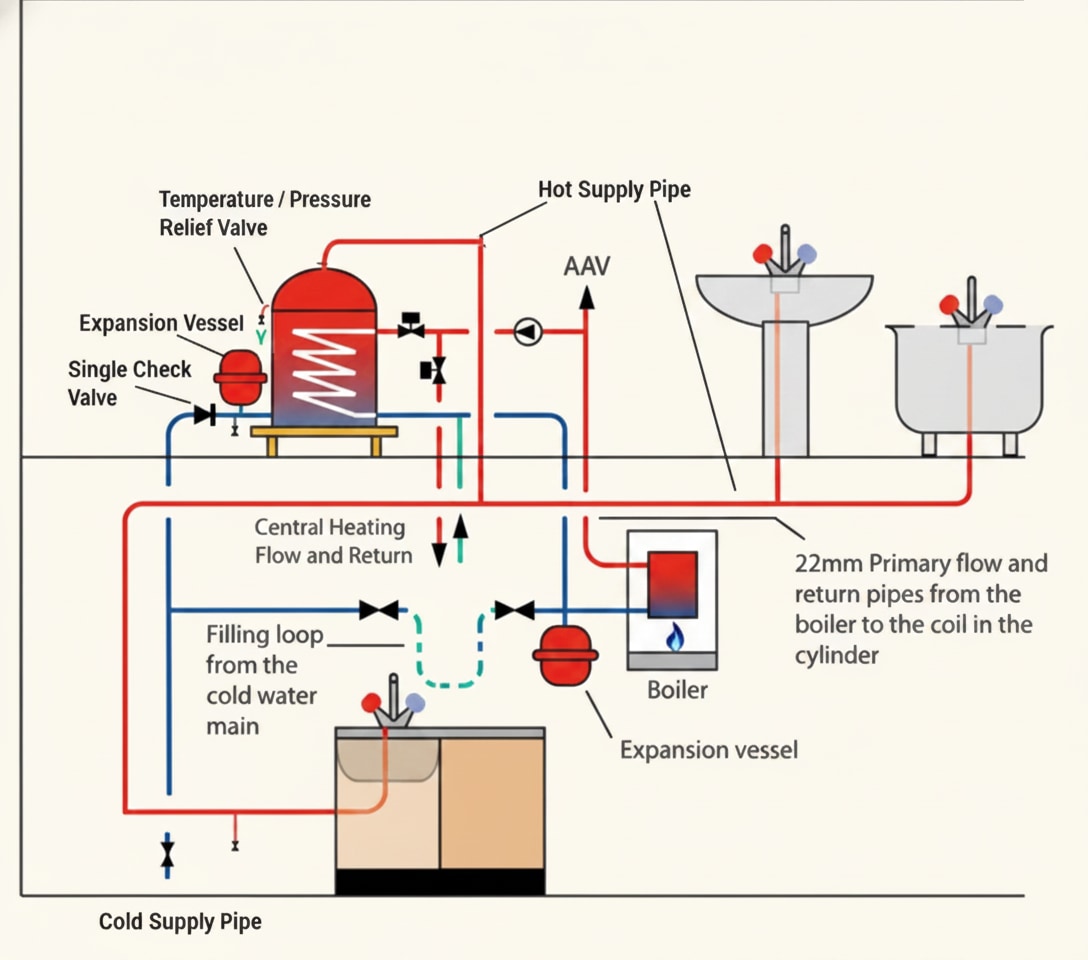 Schematic of a sealed (unvented) hot water and central heating system showing the expansion vessel, pressure relief and balanced cold water supply
