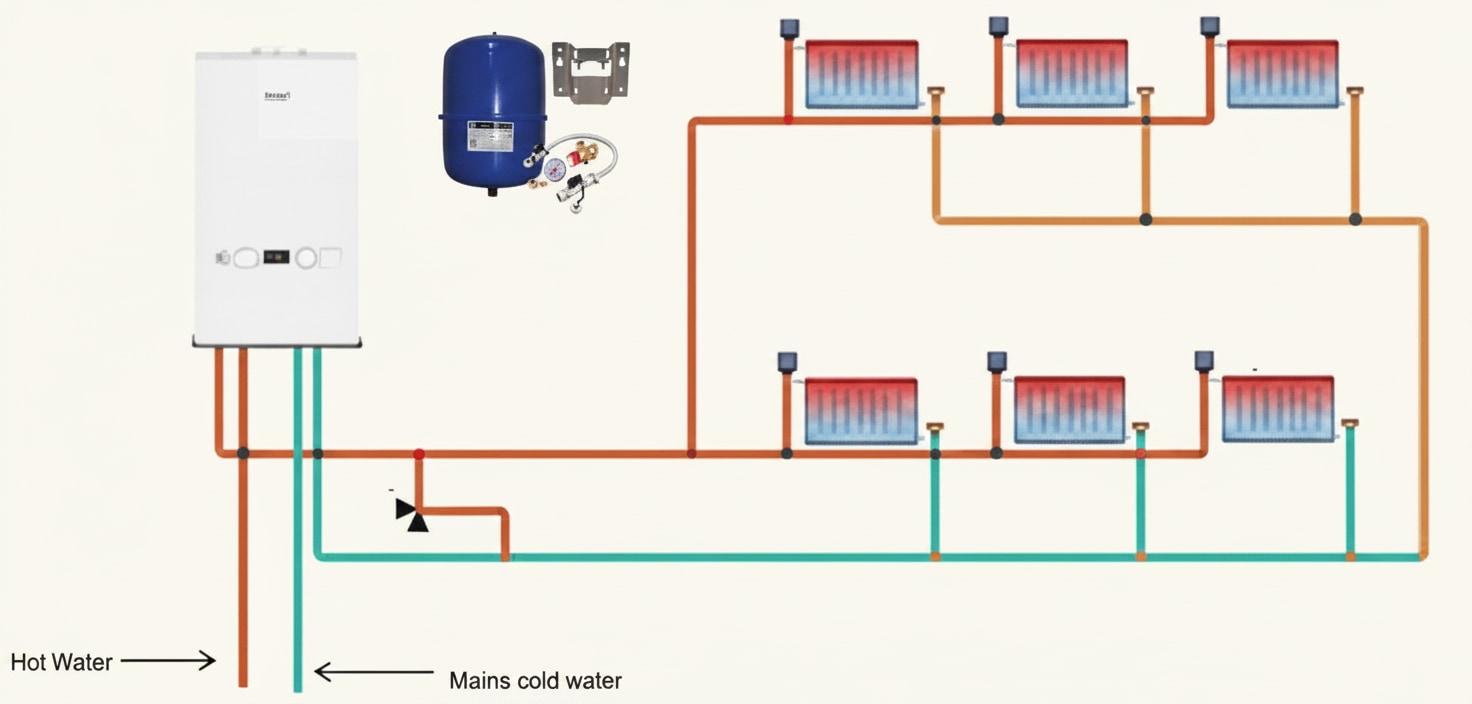 Sealed central heating system diagram showing expansion vessel, pressure relief valve and pressure gauge