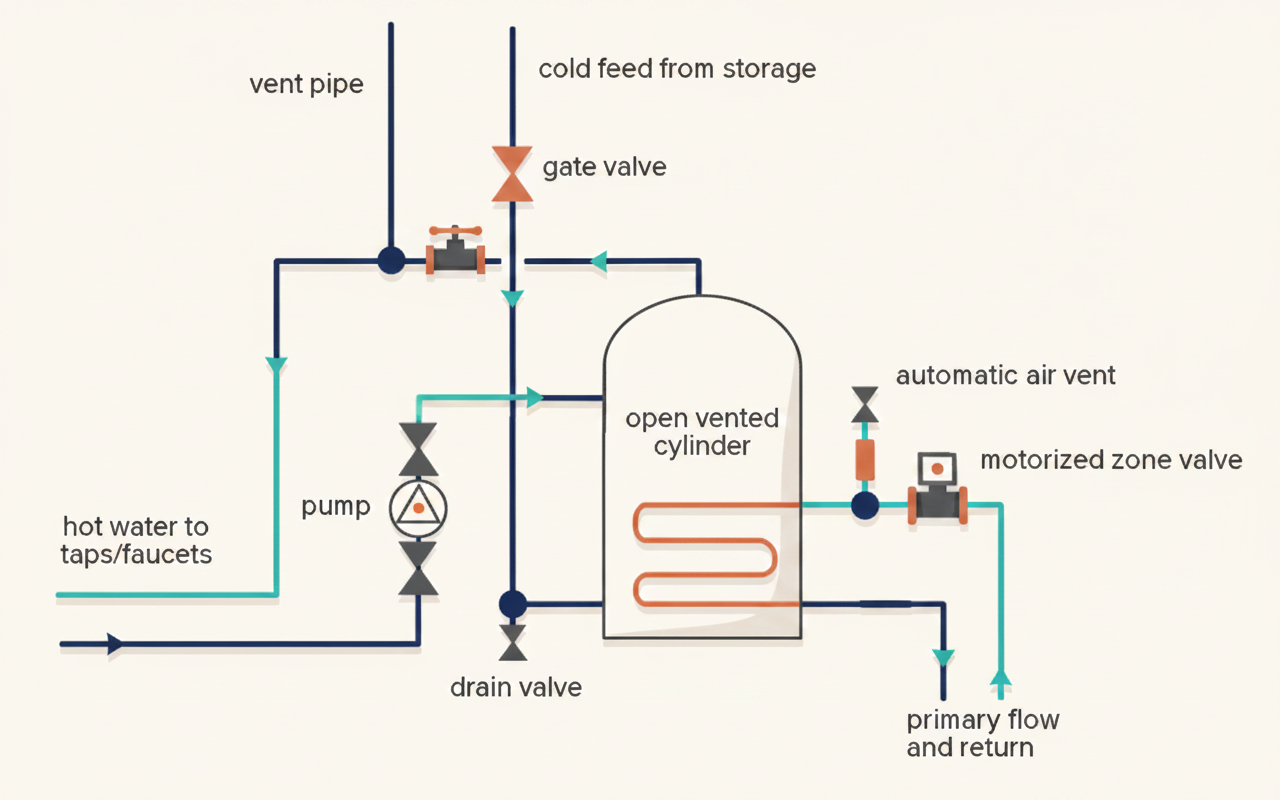 A secondary circulation pump fitted on a return pipe to keep stored hot water moving continuously to remote outlets