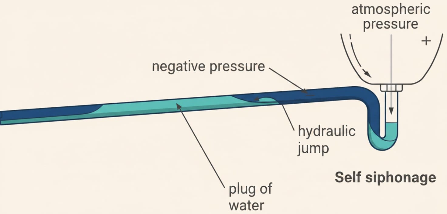 Diagram of self-siphonage emptying a trap seal
