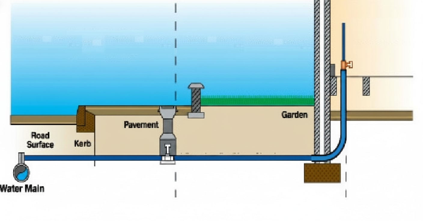 Underground service pipe diagram with components labelled showing the route from the water main to the internal stop valve