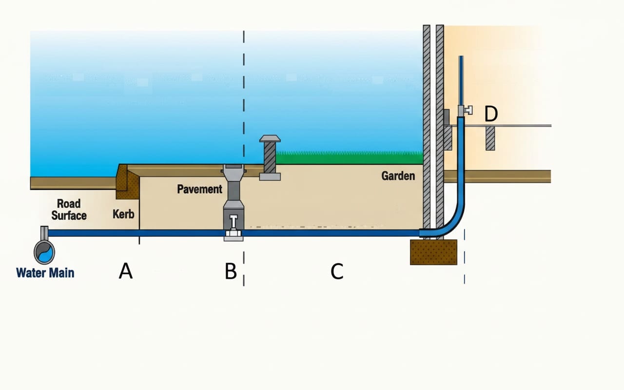 Underground service pipe diagram with components labelled showing the route from the water main to the internal stop valve