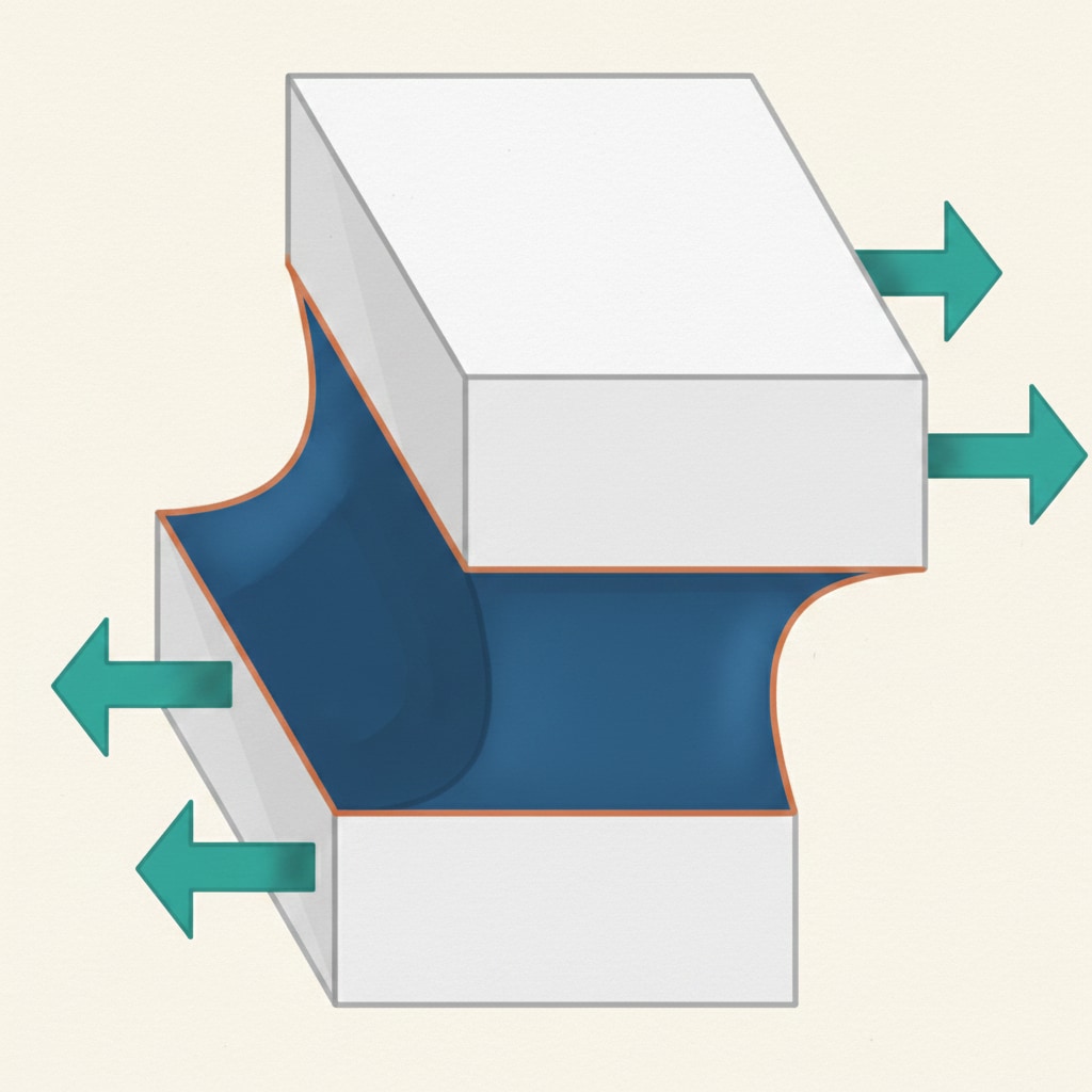 Diagram of a block with parallel arrows acting in opposite directions, illustrating shear force sliding two parts of a body across each other