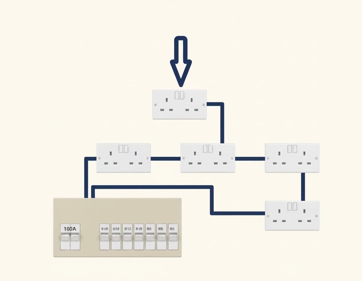A spur taken from a ring final circuit, supplying a single additional socket outlet from an existing one