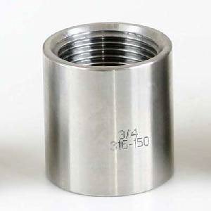 Stainless steel threaded coupling with internal threads at both ends, used in food-grade and corrosion-prone installations