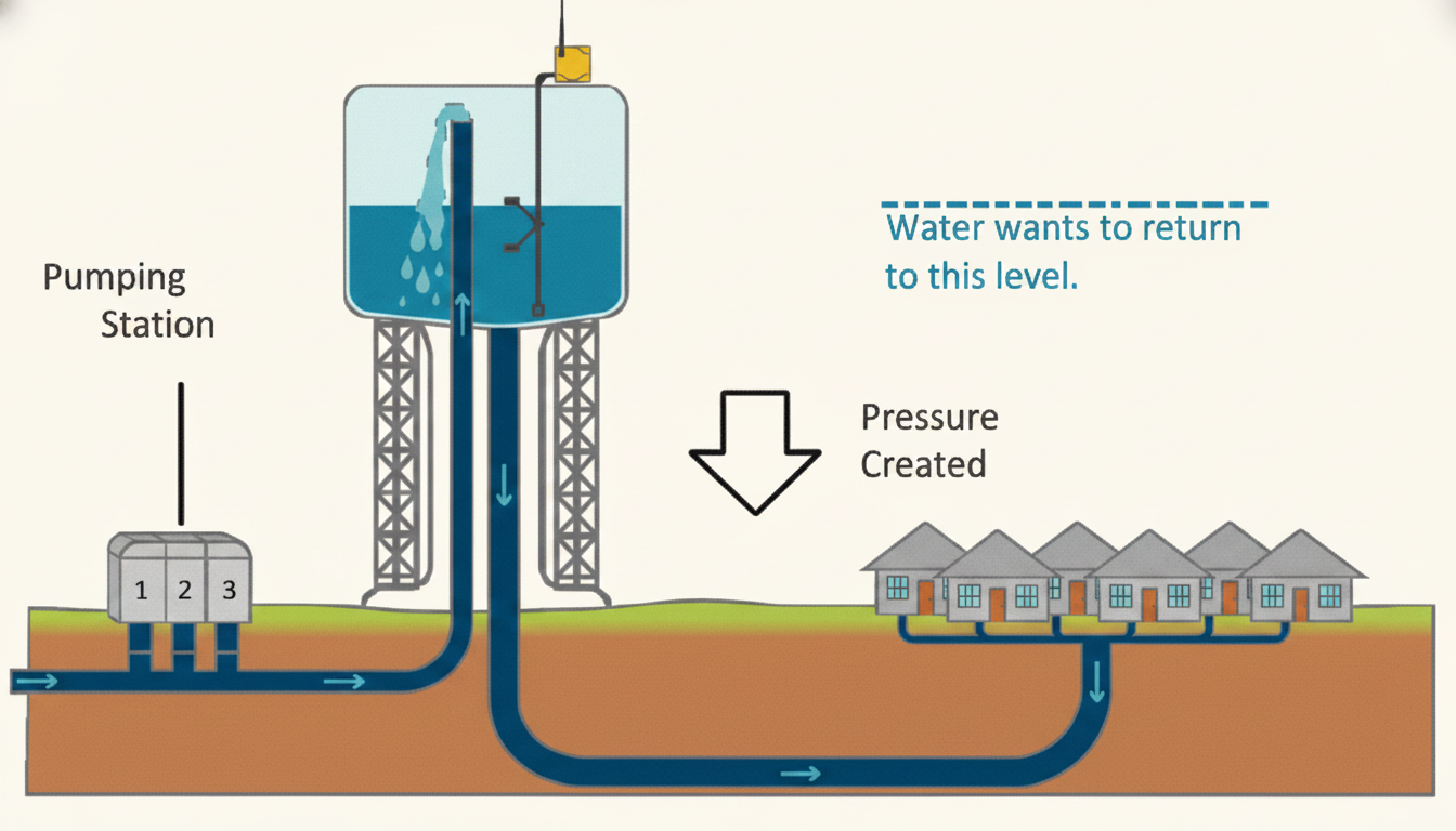 Pumping station feeding a raised storage tank, with the static head shown as the vertical distance between the water level and the outlet