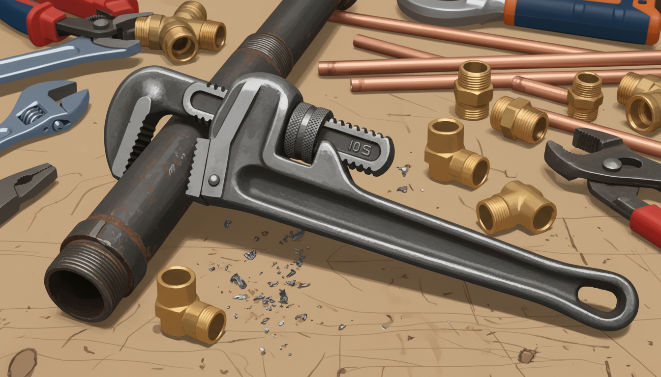 A pair of Stillson wrenches, the heavy-duty pipe wrench used on threaded steel pipe