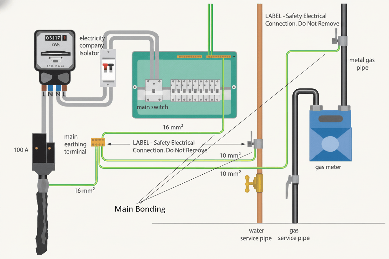 Diagram of a supply intake with the cut-out, meter and bonding