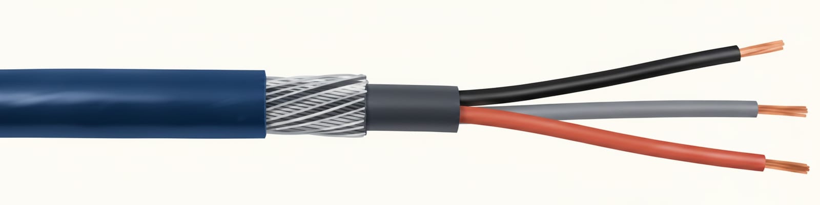 A steel wire armoured (SWA) cable cutaway showing the blue outer sheath, the braided steel wire armour beneath it, and three insulated cores (black, grey and red)