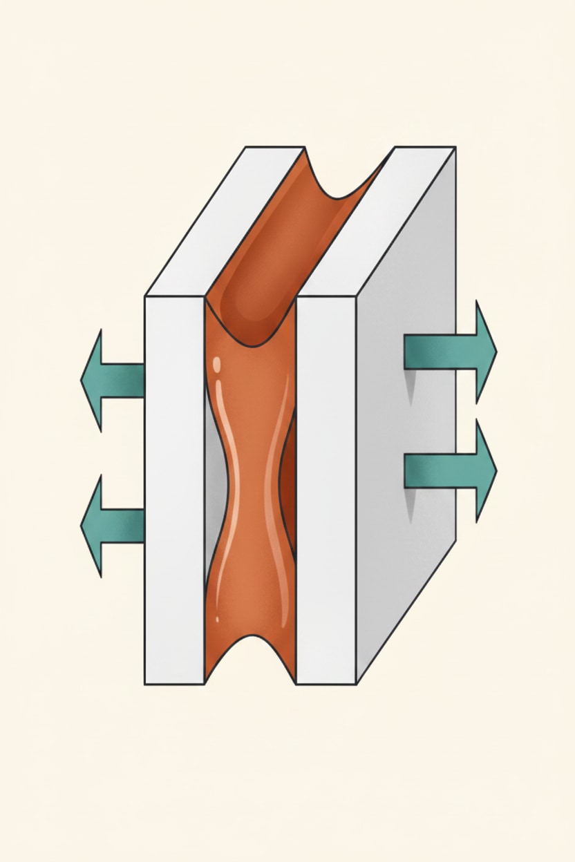 Diagram of a block with arrows pulling outward on either side, illustrating tensile force stretching a body