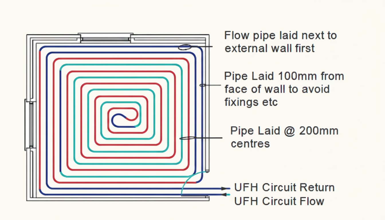 Underfloor heating layout diagram showing manifold, pipe loops in screed and blending valve arrangement