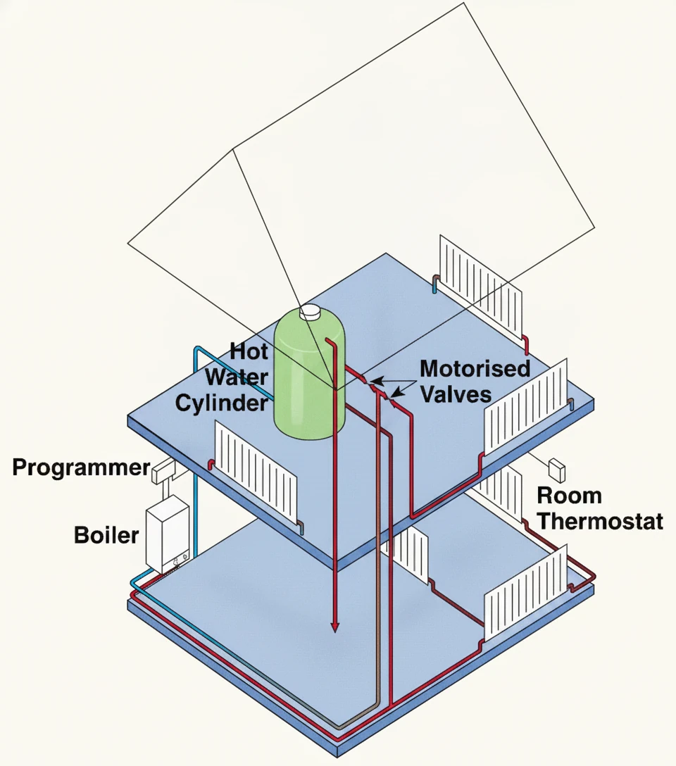 A centralised hot water system where a single boiler and hot water cylinder feed multiple outlets across the whole property through a pipework network