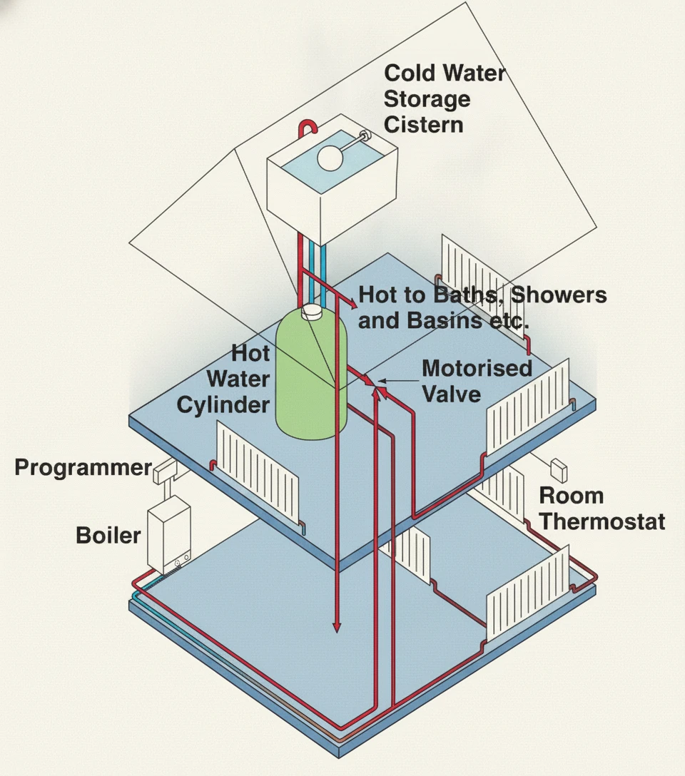 An unvented (sealed) hot water system fed directly from the mains with no loft cistern, relying on an expansion vessel to handle heated-water expansion
