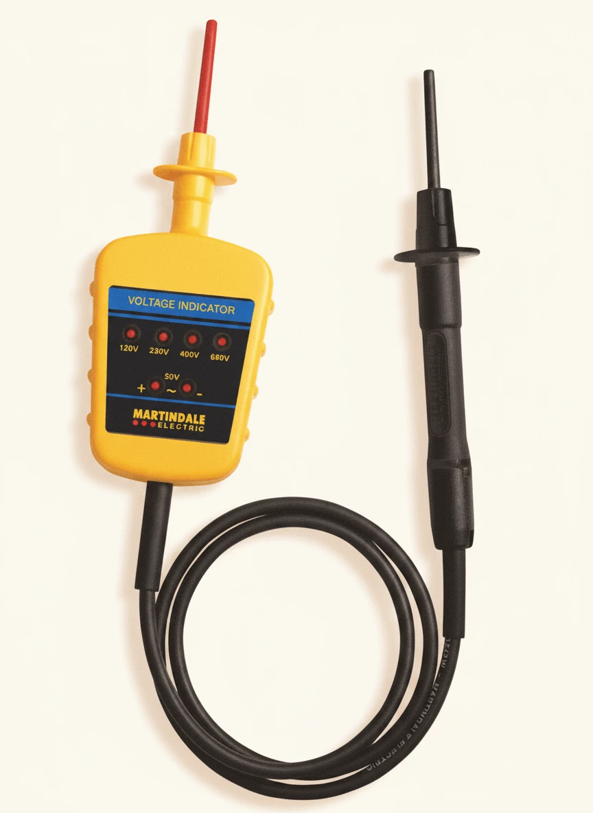 An approved GS38 voltage indicator with two insulated probes and indicator lights for standard voltage levels