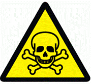 A warning sign: a yellow triangle with a skull and crossbones