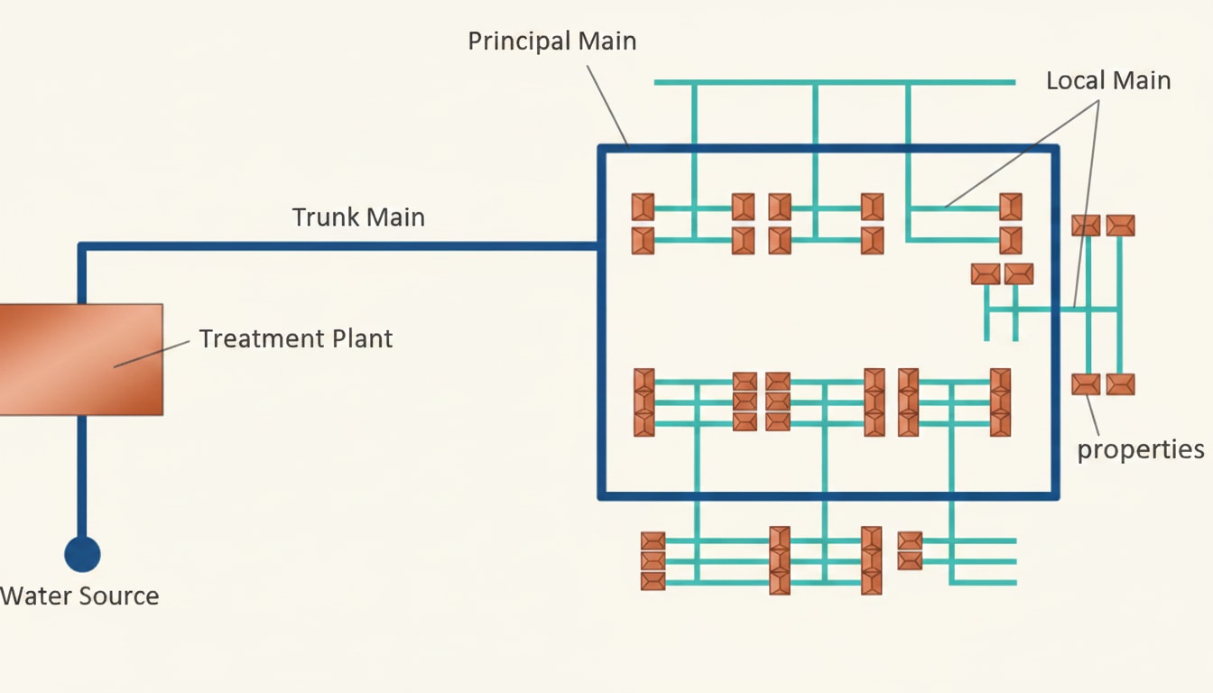 Water mains distribution hierarchy from treatment plant through trunk mains and service mains to individual properties