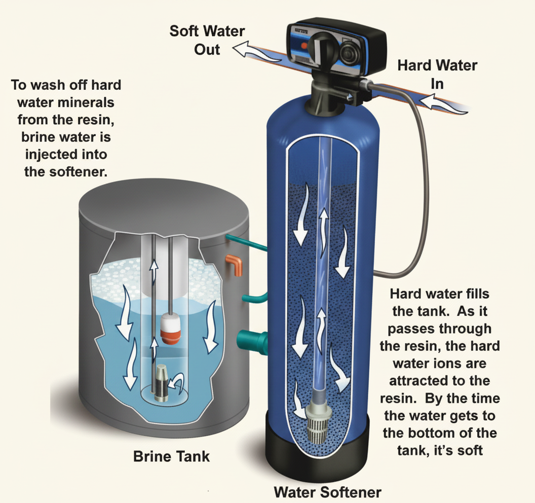 Cutaway diagram of a base-exchange water softener showing the resin bed, brine tank and bypass arrangement